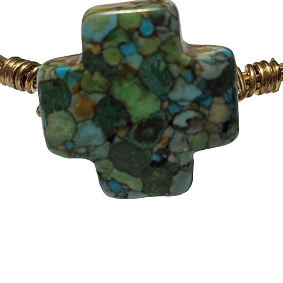 Cross Wire Bangle Bracelet Mosaic Turquoise Howlite Stone Religious Jewelry - Picture 3 of 4
